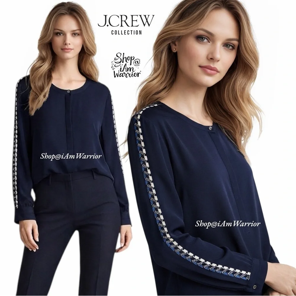 J.Crew Collection NWT rare navy silk embellished sleeve blouse *shop@iamwarrior